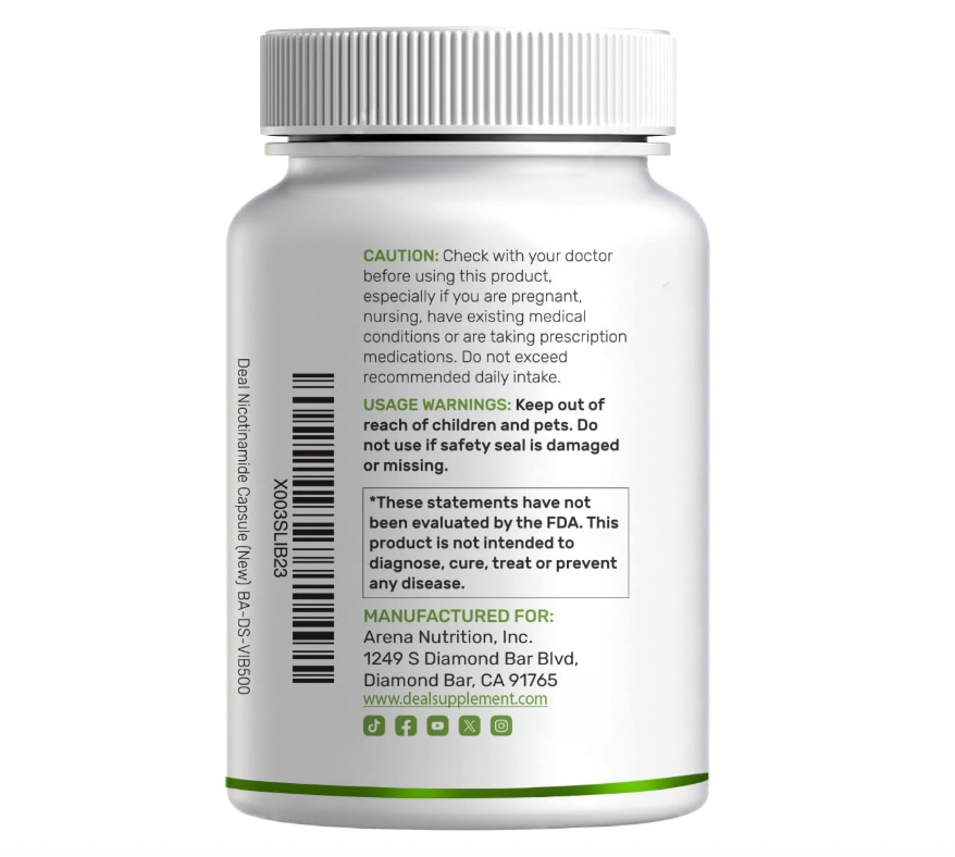 Nicotinamida 1000mg Deal Supplement | 500 cápsulas | Apoya la piel saludable y la producción de energía