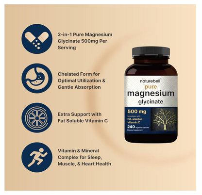 Glicinato de Magnesio Naturebell | 500 mg | 240 unidades | 100 % quelado y purificado