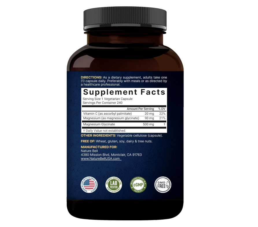 Glicinato de Magnesio Naturebell | 500 mg | 240 unidades | 100 % quelado y purificado
