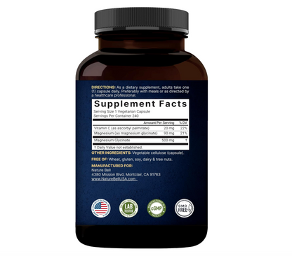 Glicinato de Magnesio Naturebell | 500 mg | 240 unidades | 100 % quelado y purificado