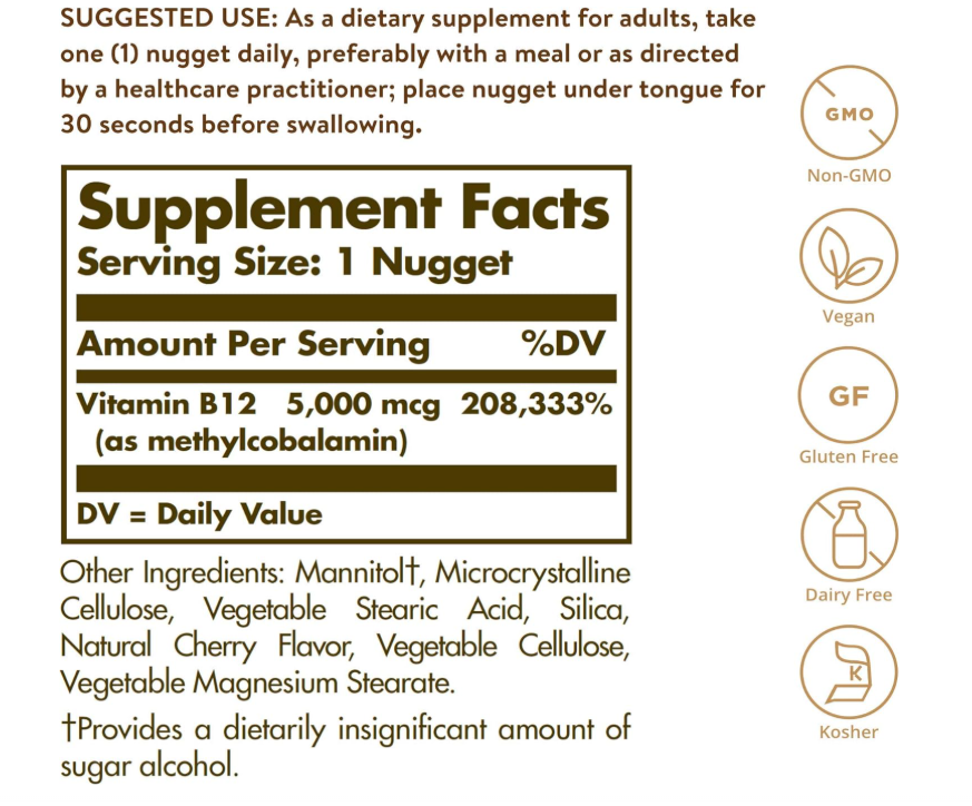 Metilcobalamina Solgar (Vitamina B12) | 5000 mcg | 60 Tabletas