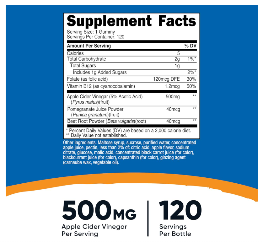 Vinagre de sidra de manzana Nutricost | 500 mg | 120 gomitas | sabor a manzana
