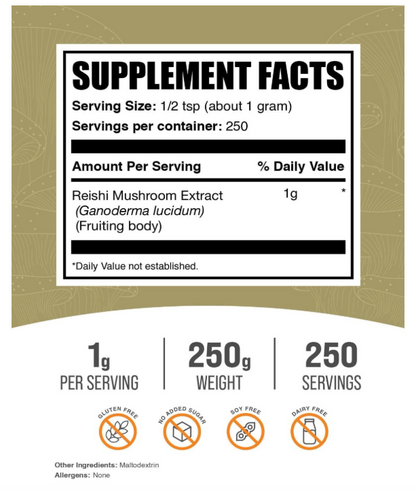 | Reishi | Extracto de hongos en polvo | 0.04 oz por porción, 250 g (8.8 oz)