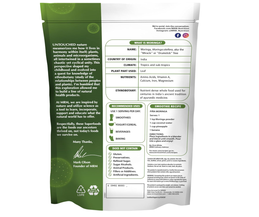Moringa en polvo MRM Nutrición | Alto en fibra | Antioxidante | 60 porciones