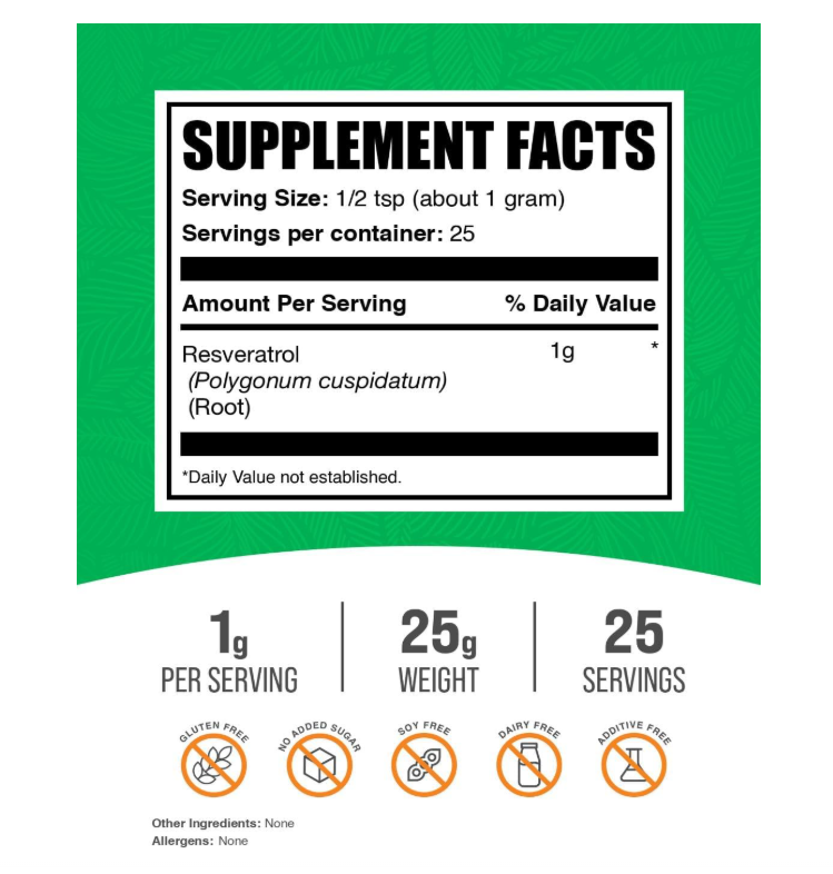 Resveratrol en Polvo BulkSupplements | 0.04 oz por porción, 25g (0.88 oz)