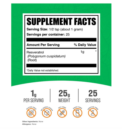 Resveratrol en Polvo BulkSupplements | 0.04 oz por porción, 25g (0.88 oz)