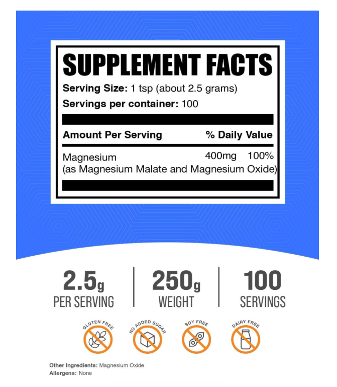 Malato de Magnesio en Polvo BulkSupplements | Alta Biodisponibilidad | 250g (8.8 oz)