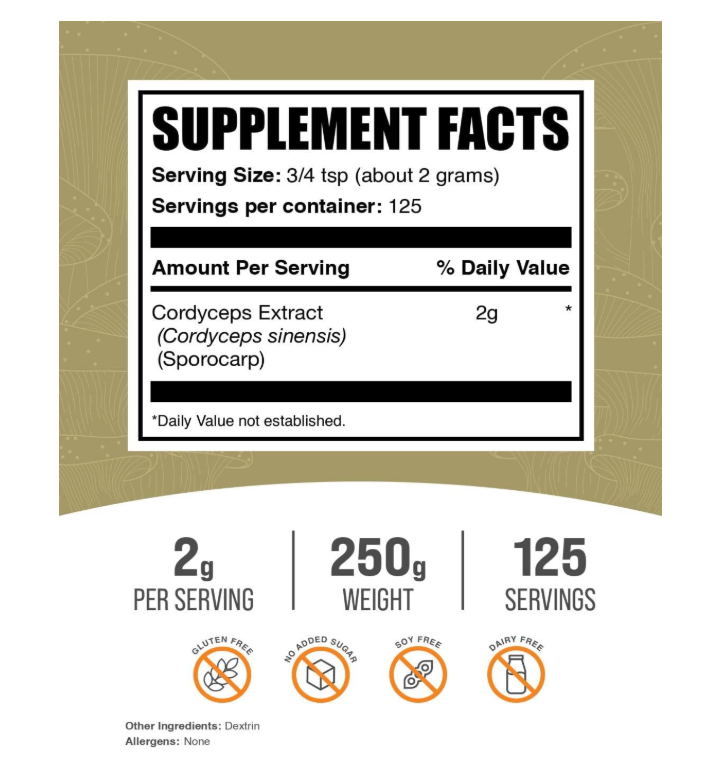 Cordyceps en Polvo Bulksupplements | 250g | 125 Porciones