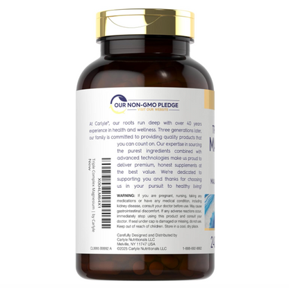 Complejo triple de magnesio Carlyle | 400 mg | 240 cápsulas | Malato de magnesio, glicinato y citrato
