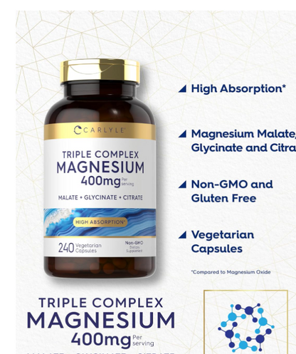 Complejo triple de magnesio Carlyle | 400 mg | 240 cápsulas | Malato de magnesio, glicinato y citrato