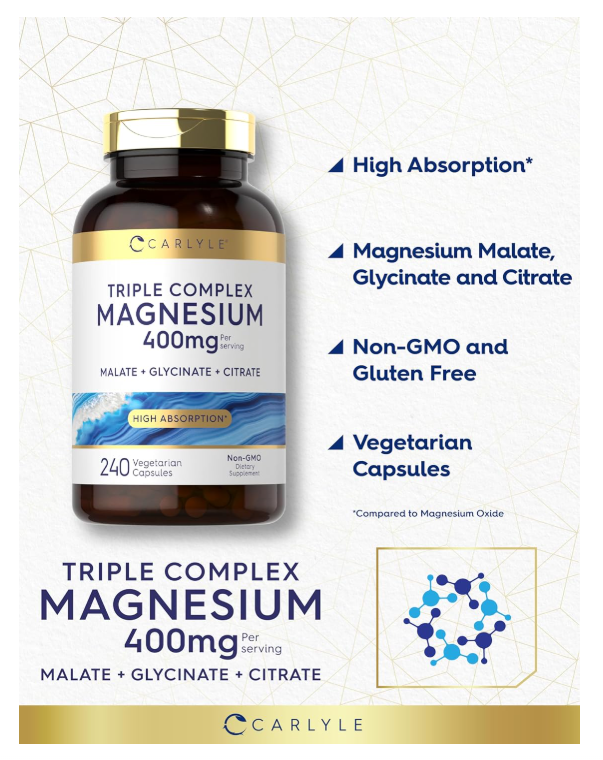 Complejo triple de magnesio Carlyle | 400 mg | 240 cápsulas | Malato de magnesio, glicinato y citrato