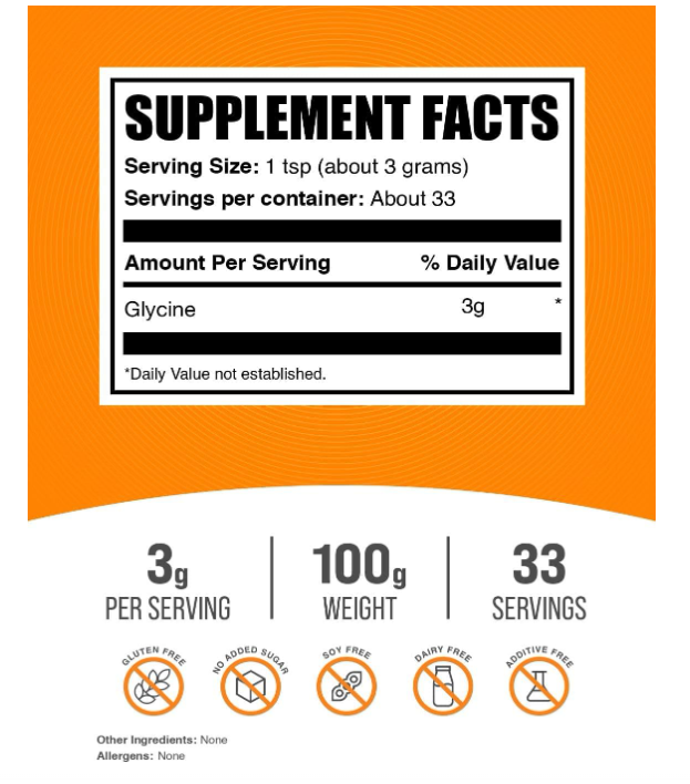 Glicina en polvo BulkSupplements | 3000 mg puro y sin gluten | 100 g (3.5 oz)
