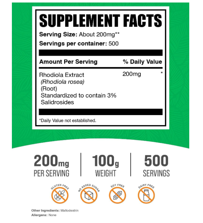 Rhodiola en Polvo Bulksuppleets| 3% Salidrosides | 200 mg por porción | 500 porciones, 100 g (3.5