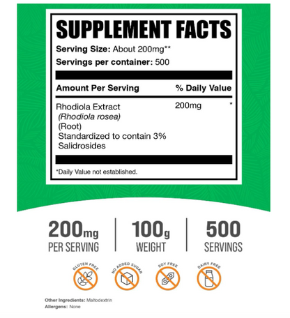 Rhodiola en Polvo Bulksuppleets| 3% Salidrosides | 200 mg por porción | 500 porciones, 100 g (3.5