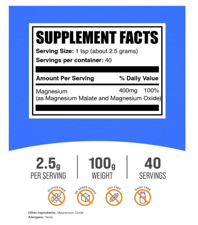 Malato de Magnesio en Polvo BulkSupplements | Alta Biodisponibilidad | 2.5g por Porción, 100g (85g)