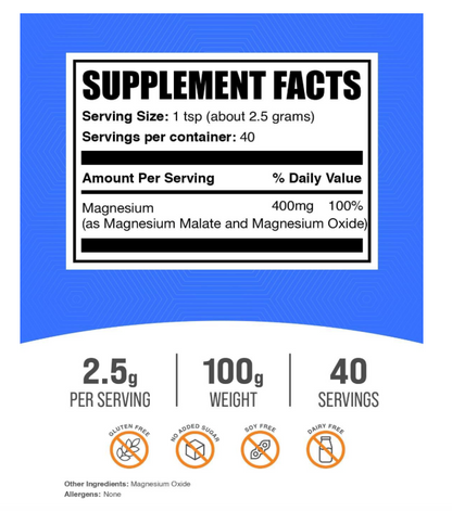 Malato de Magnesio en Polvo BulkSupplements | Alta Biodisponibilidad | 2.5g por Porción, 100g (85g)