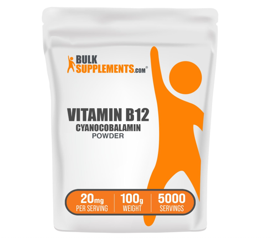 Vitamina B12 en polvo BulkSupplements | cianocobalamina sin gluten | 20 mg por porción, 100 g (3.5 oz)