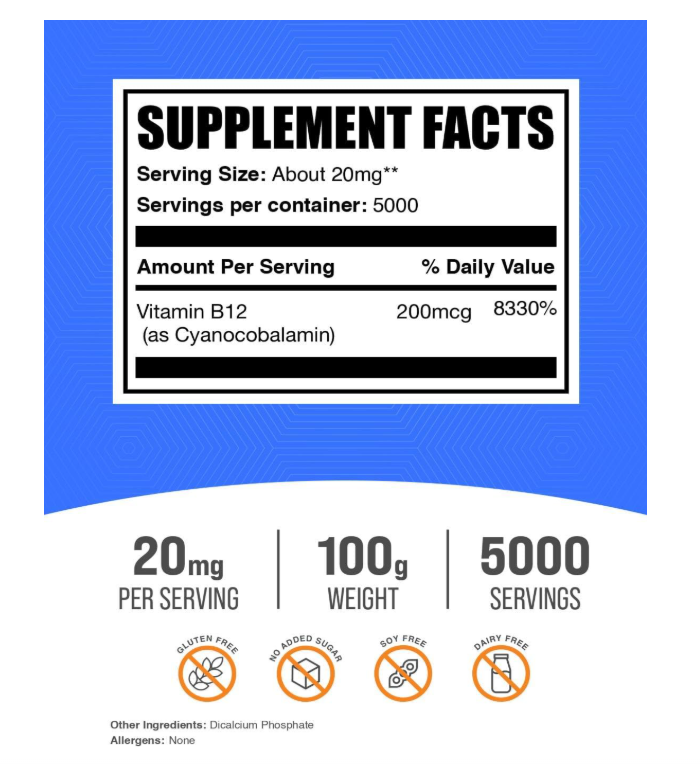 Vitamina B12 en polvo BulkSupplements | cianocobalamina sin gluten | 20 mg por porción, 100 g (3.5 oz)