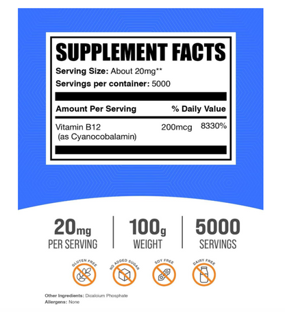 Vitamina B12 en polvo BulkSupplements | cianocobalamina sin gluten | 20 mg por porción, 100 g (3.5 oz)