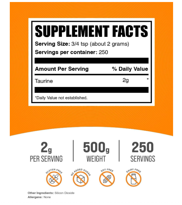 Taurina en Polvo Bulksupplements | Sin sabor y sin gluten | 2g por porción, 500g (1.1 lbs)