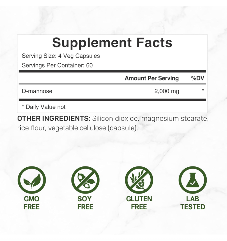 D Mannose Deal Supplent | 500mg | (2,000 mg por porción), 240 Cápsulas