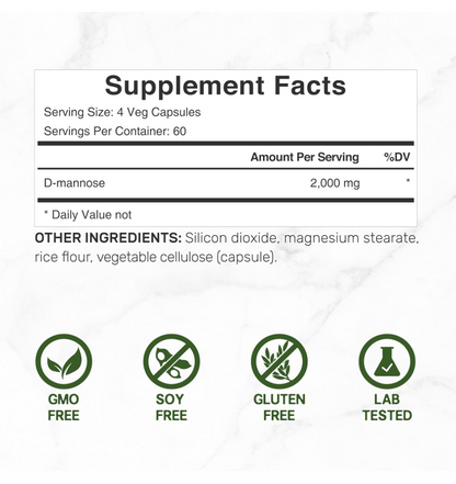 D Mannose Deal Supplent | 500mg | (2,000 mg por porción), 240 Cápsulas