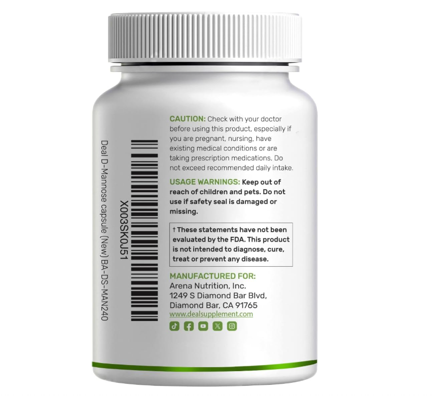 D Mannose Deal Supplent | 500mg | (2,000 mg por porción), 240 Cápsulas