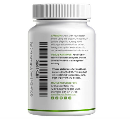 D Mannose Deal Supplent | 500mg | (2,000 mg por porción), 240 Cápsulas
