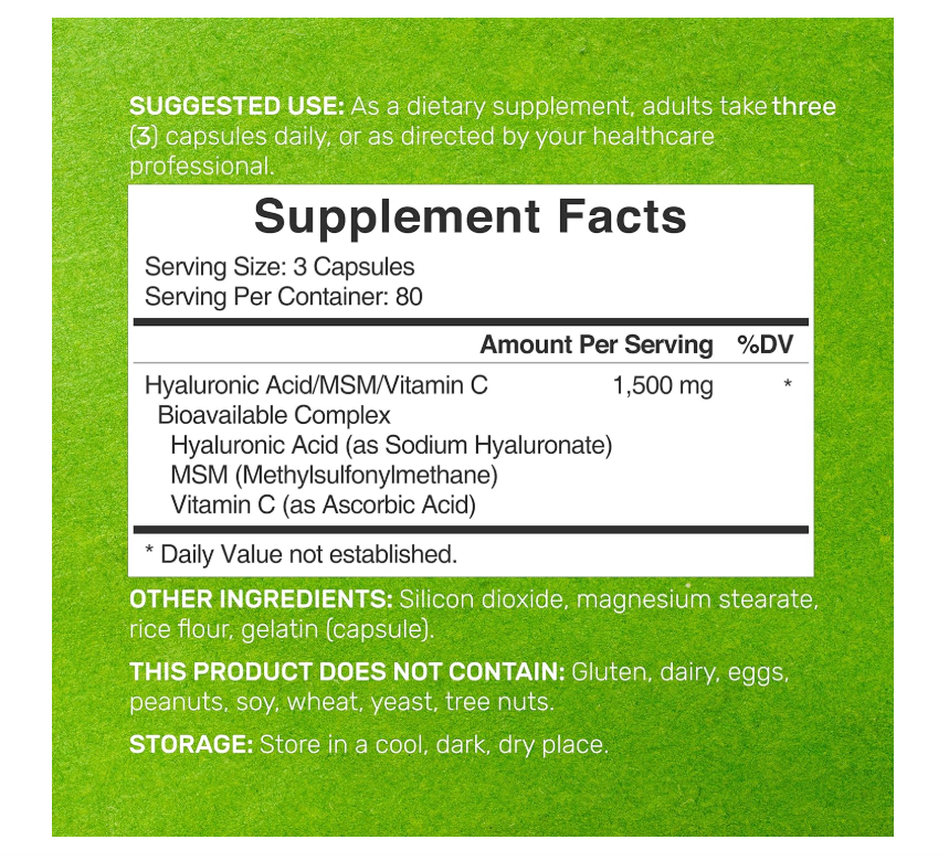 Ácido Hialurónico Deal Supplement | 1,500 mg | 240 cápsulas | con MSM y vitamina C