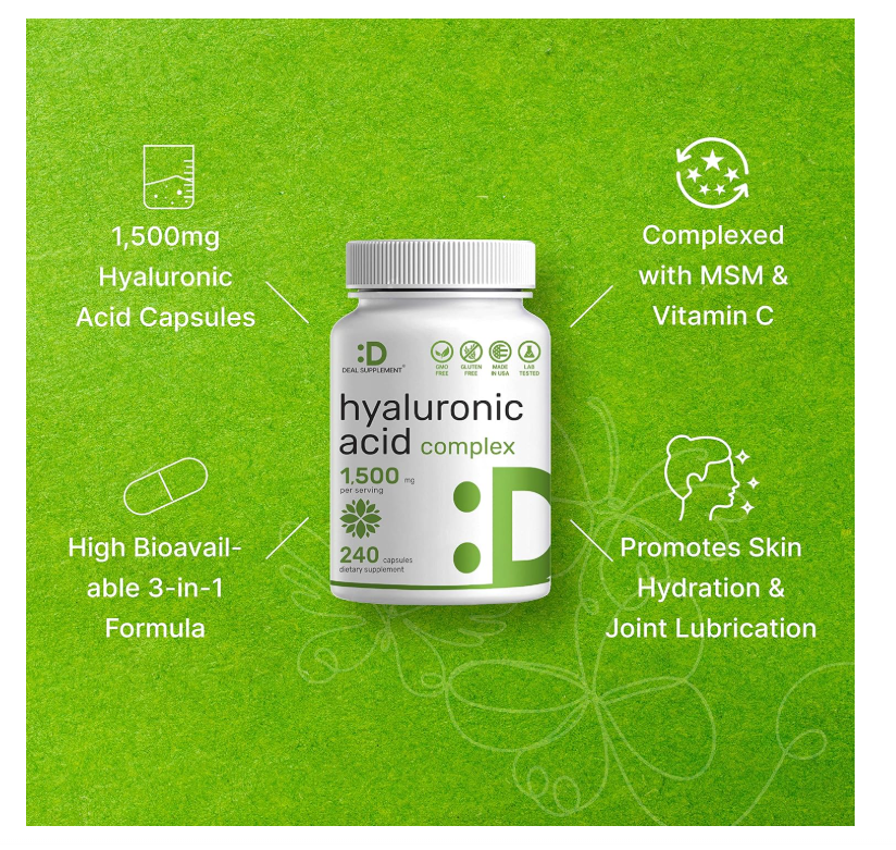 Ácido Hialurónico Deal Supplement | 1,500 mg | 240 cápsulas | con MSM y vitamina C