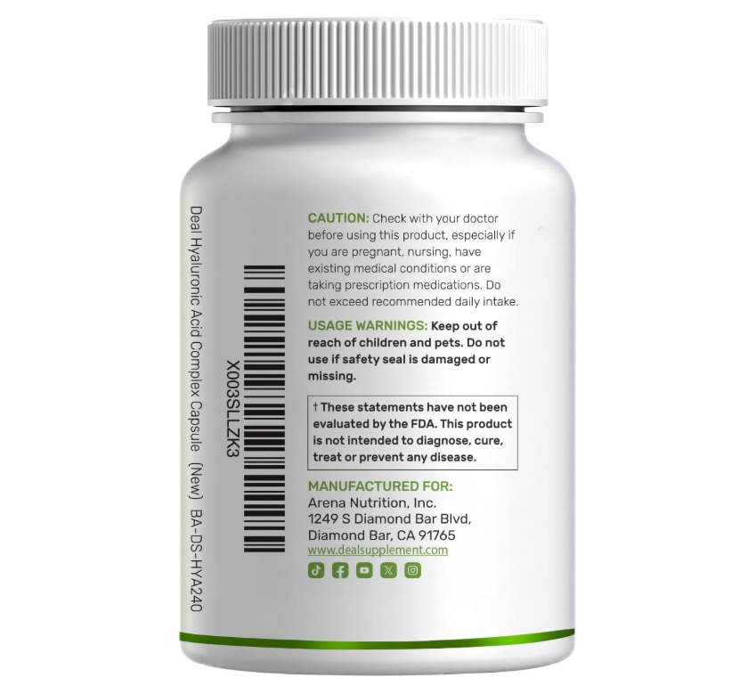 Ácido Hialurónico Deal Supplement | 1,500 mg | 240 cápsulas | con MSM y vitamina C