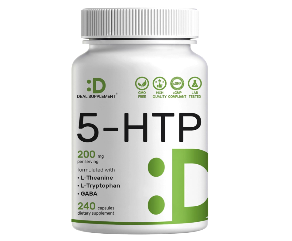 5-HTP Deal Supplemet | 200mg | 240 cápsulas | Fórmula 4 en 1 | Plus Active L Theanine, L triptófano y GABA