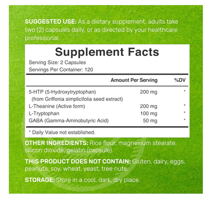 5-HTP Deal Supplemet | 200mg | 240 cápsulas | Fórmula 4 en 1 | Plus Active L Theanine, L triptófano y GABA