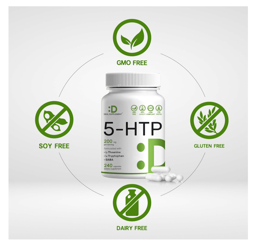 5-HTP Deal Supplemet | 200mg | 240 cápsulas | Fórmula 4 en 1 | Plus Active L Theanine, L triptófano y GABA
