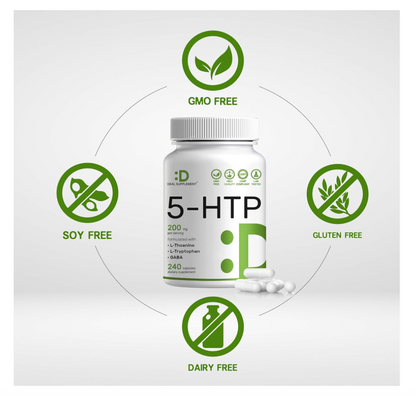 5-HTP Deal Supplemet | 200mg | 240 cápsulas | Fórmula 4 en 1 | Plus Active L Theanine, L triptófano y GABA