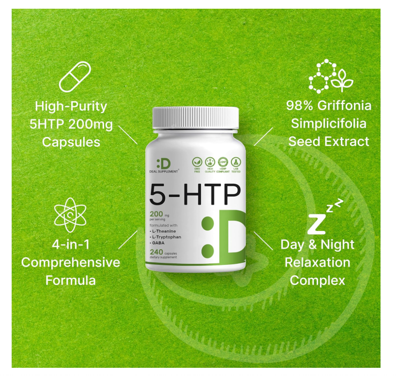 5-HTP Deal Supplemet | 200mg | 240 cápsulas | Fórmula 4 en 1 | Plus Active L Theanine, L triptófano y GABA