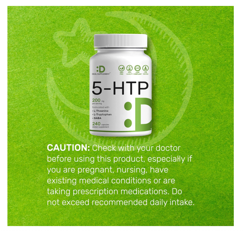 5-HTP Deal Supplemet | 200mg | 240 cápsulas | Fórmula 4 en 1 | Plus Active L Theanine, L triptófano y GABA
