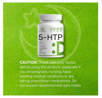 5-HTP Deal Supplemet | 200mg | 240 cápsulas | Fórmula 4 en 1 | Plus Active L Theanine, L triptófano y GABA