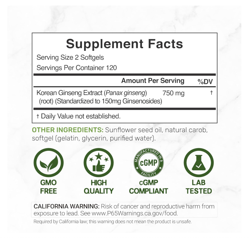 Ginseng Panax Rojo Coreano Deal Supplement | 7500 mg | 240 cápsulas blandas