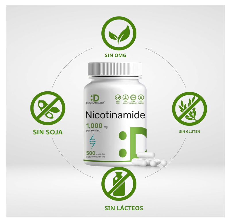 Nicotinamida 1000mg Deal Supplement | 500 cápsulas | Apoya la piel saludable y la producción de energía
