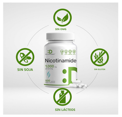 Nicotinamida 1000mg Deal Supplement | 500 cápsulas | Apoya la piel saludable y la producción de energía