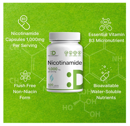 Nicotinamida 1000mg Deal Supplement | 500 cápsulas | Apoya la piel saludable y la producción de energía