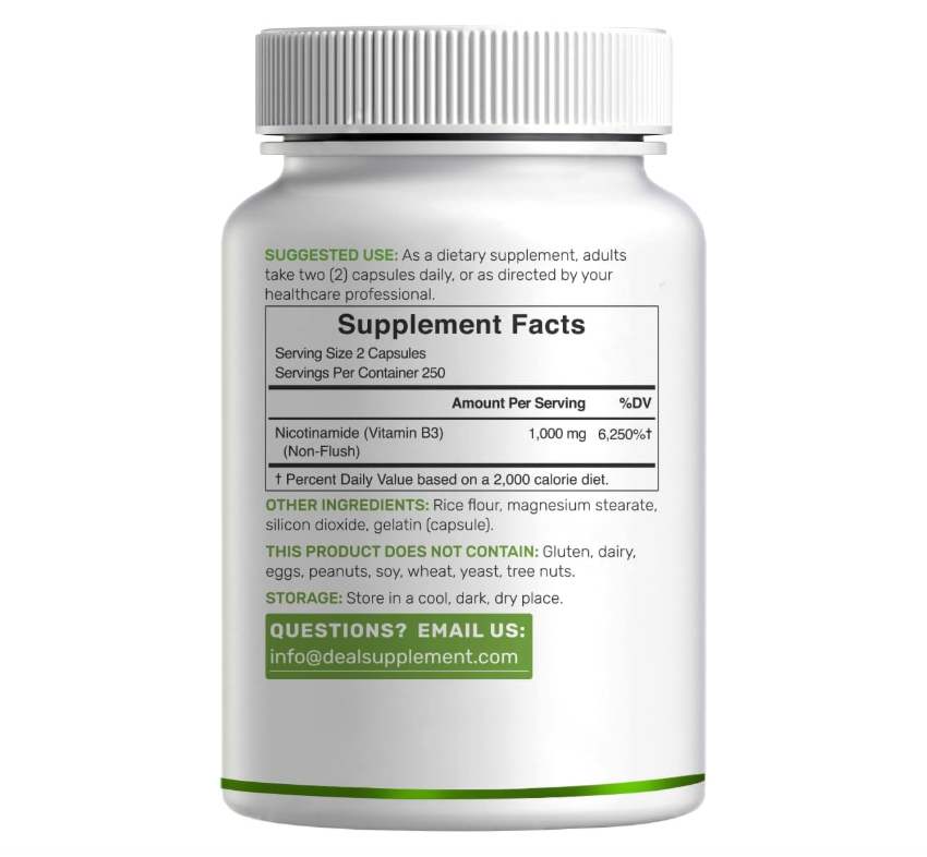 Nicotinamida 1000mg Deal Supplement | 500 cápsulas | Apoya la piel saludable y la producción de energía