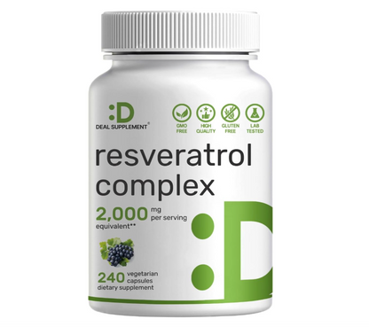 Resveratrol 2000 mg Deal Supplement | 240 cápsulas | Con NAD, Quercetina, Cúrcuma, Semilla de Uva | Antioxidante de envejecimiento saludable