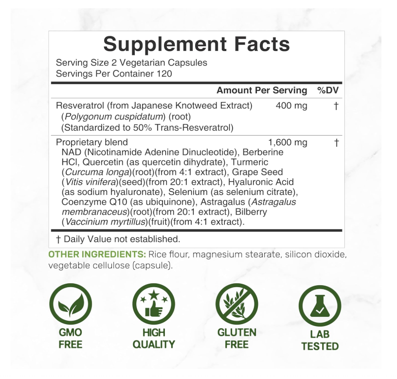 Resveratrol 2000 mg Deal Supplement | 240 cápsulas | Con NAD, Quercetina, Cúrcuma, Semilla de Uva | Antioxidante de envejecimiento saludable