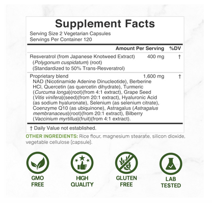 Resveratrol 2000 mg Deal Supplement | 240 cápsulas | Con NAD, Quercetina, Cúrcuma, Semilla de Uva | Antioxidante de envejecimiento saludable