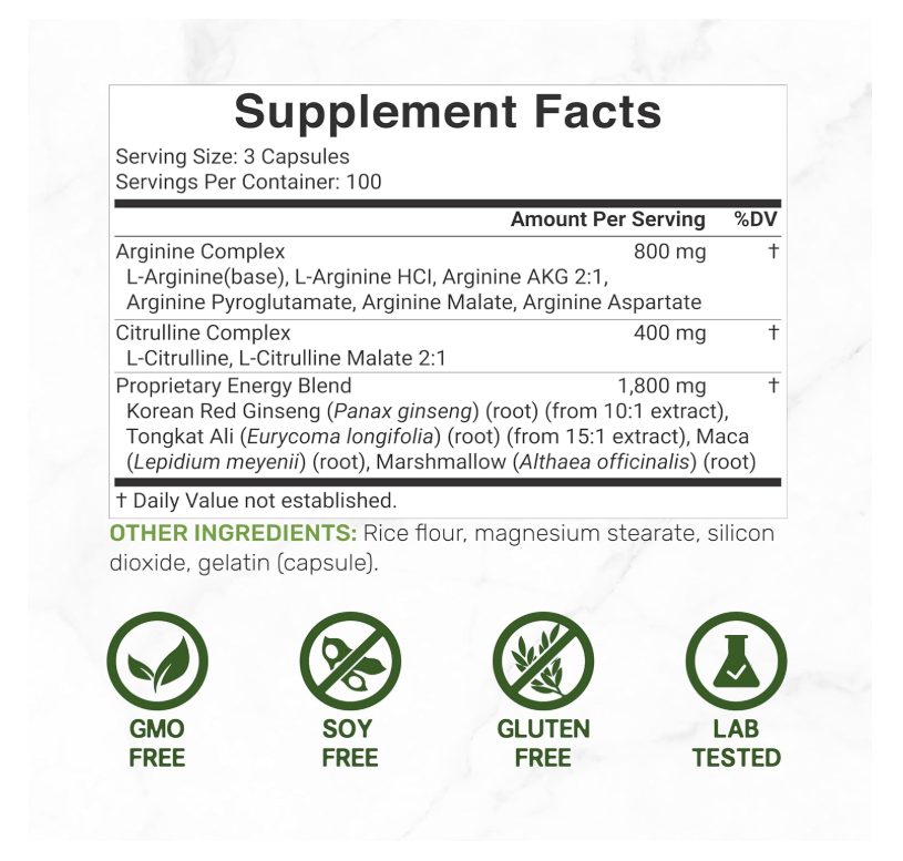 Óxido Nítrico 3000 mg Deal Supplment | 300 Cápsulas | Complejo 12 en 1 – Arginina, citrulina, ginseng rojo coreano, Tongkat Ali, raíz de maca