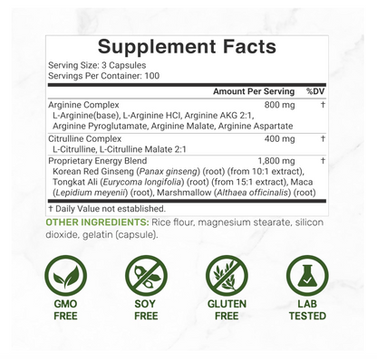Óxido Nítrico 3000 mg Deal Supplment | 300 Cápsulas | Complejo 12 en 1 – Arginina, citrulina, ginseng rojo coreano, Tongkat Ali, raíz de maca