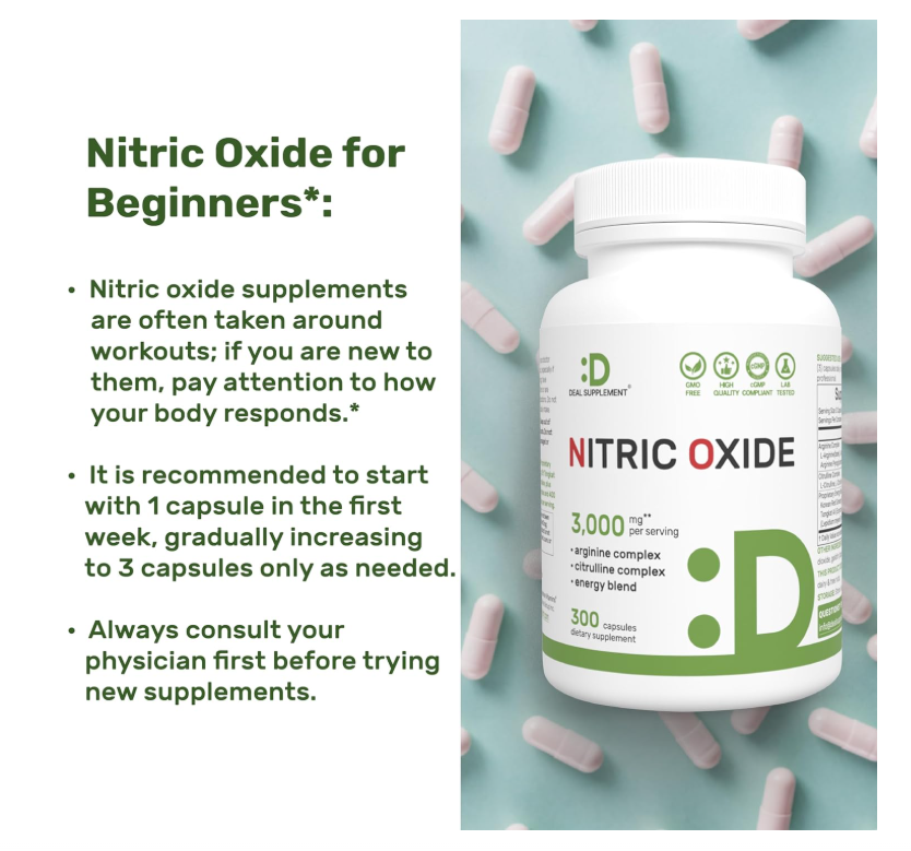 Óxido Nítrico 3000 mg Deal Supplment | 300 Cápsulas | Complejo 12 en 1 – Arginina, citrulina, ginseng rojo coreano, Tongkat Ali, raíz de maca