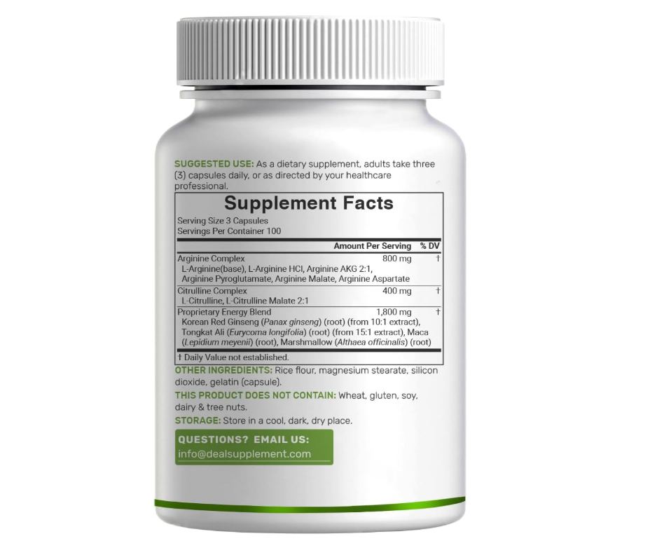 Óxido Nítrico 3000 mg Deal Supplment | 300 Cápsulas | Complejo 12 en 1 – Arginina, citrulina, ginseng rojo coreano, Tongkat Ali, raíz de maca